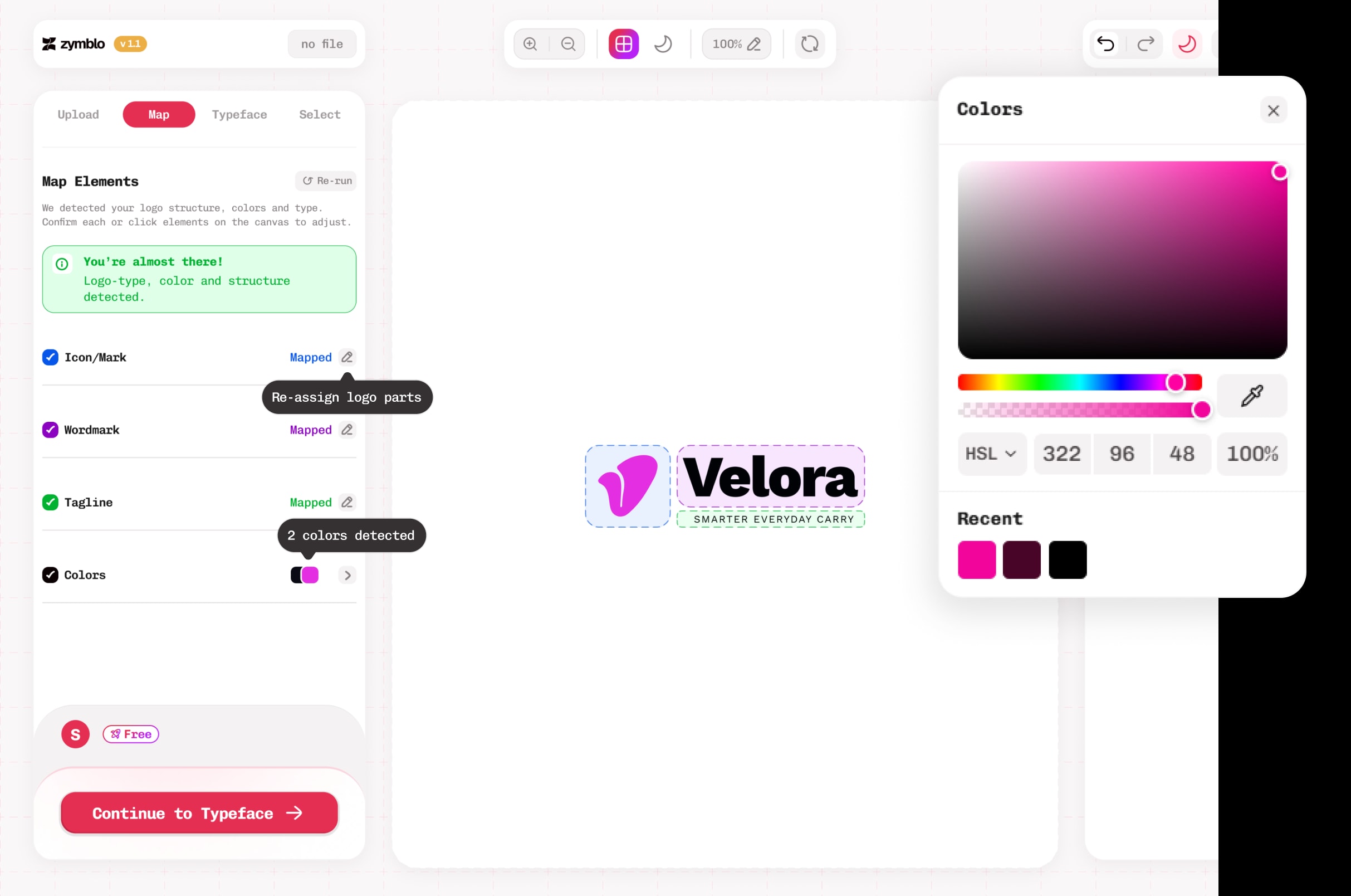 Zymblo's map step, listing the detected icon, wordmark, tagline and colours.