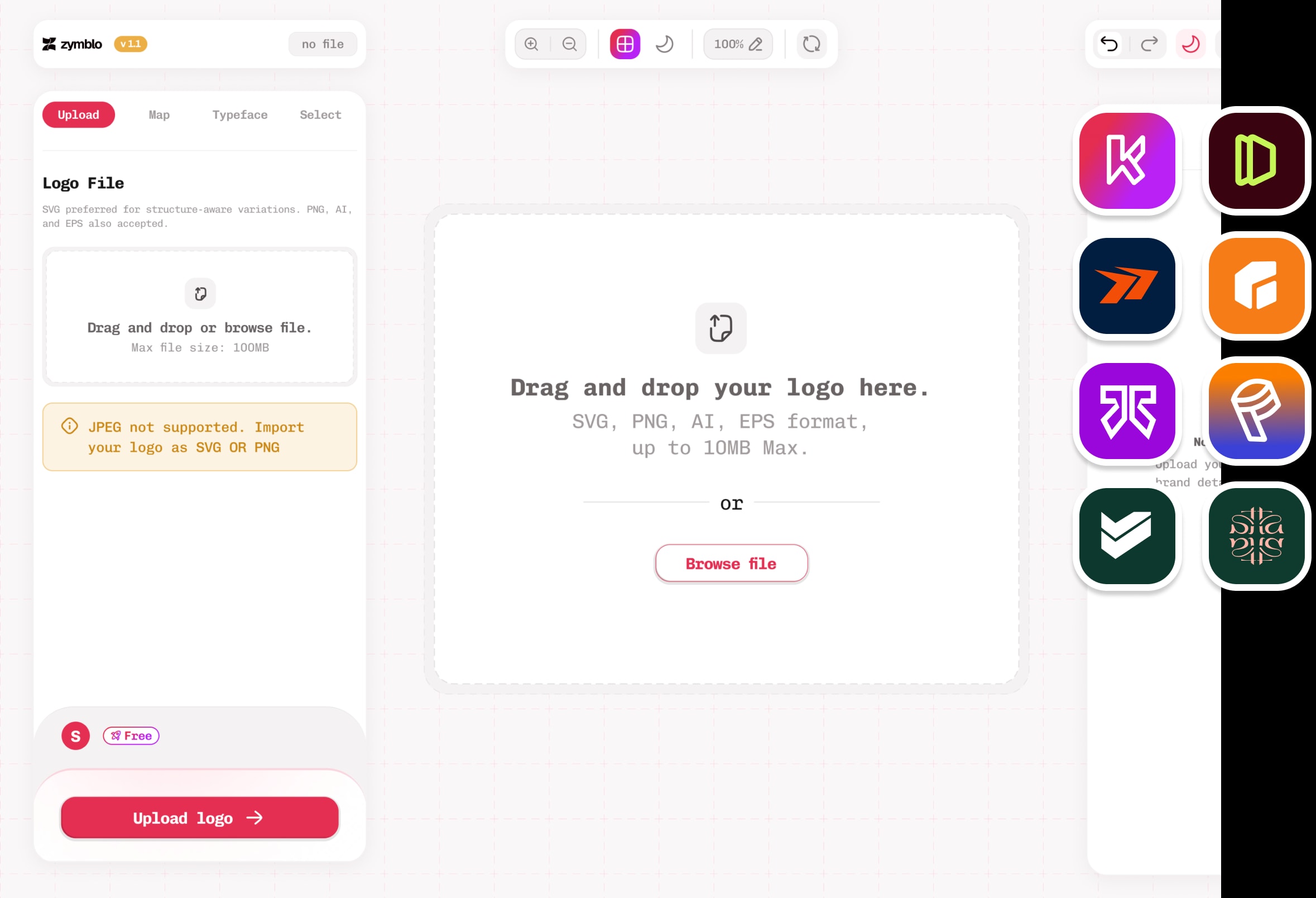 Zymblo's upload step, with a drop zone for your logo file.